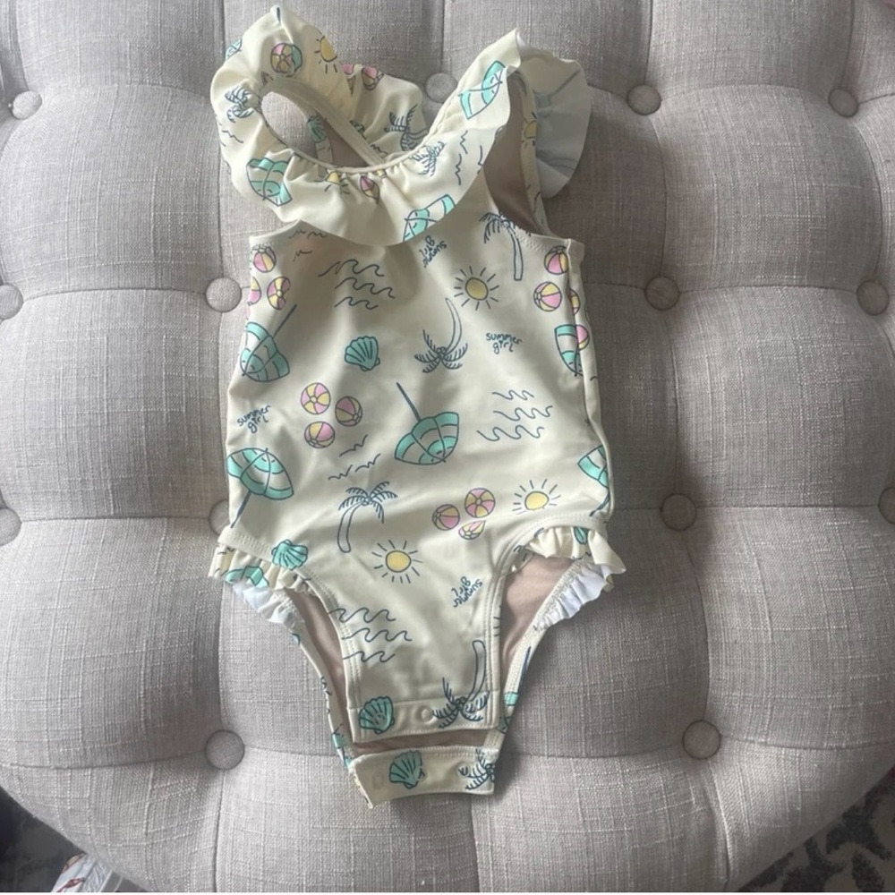 Old Navy Cream One-Piece Swimsuit with Pastel Beach Motif